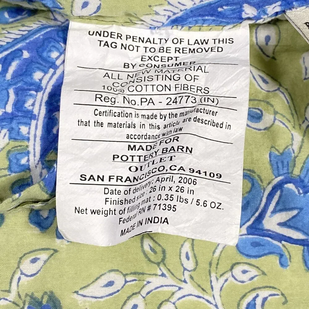 Pottery Barn Outlet Pillow Shams Euro Blue Green Floral Paisley Quilted Covers